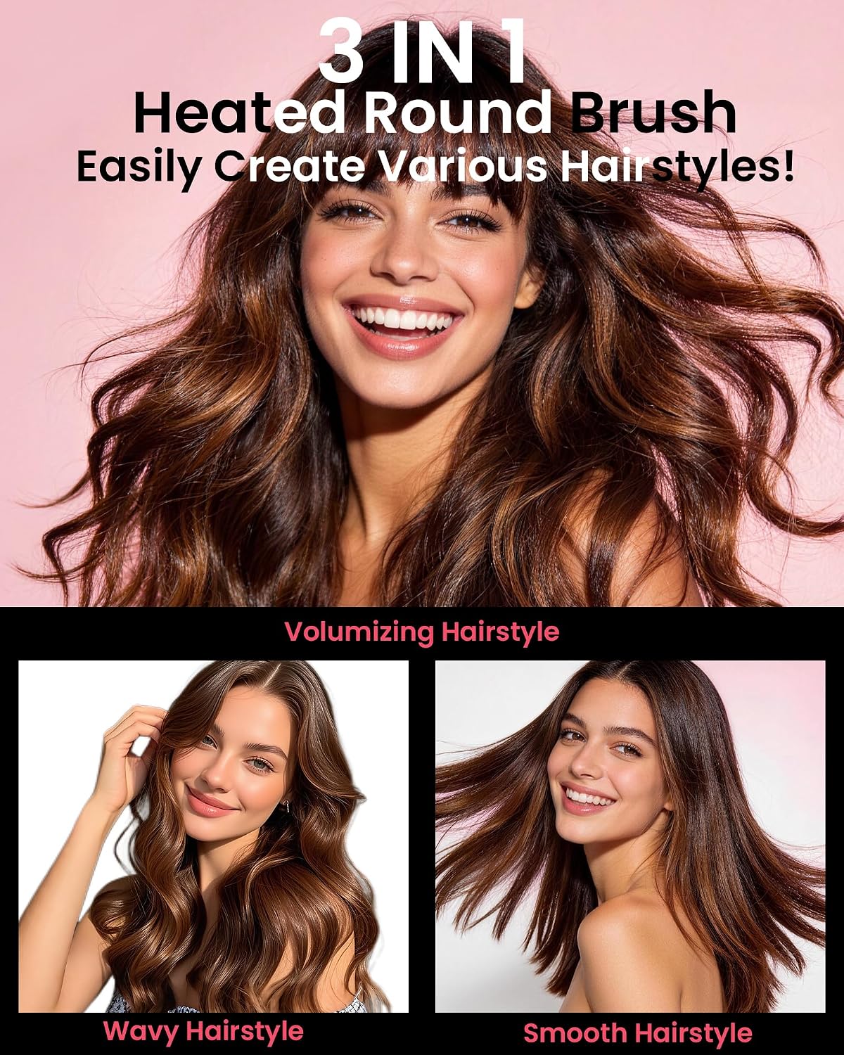 Infrared Thermal Brush 1.6 Inch Ionic Heated Thermal Round Brush Hair Straightener & Curler Styler, 6 Heat Settings, LED Display, Dual Voltage, Auto Shut-Off, Pink