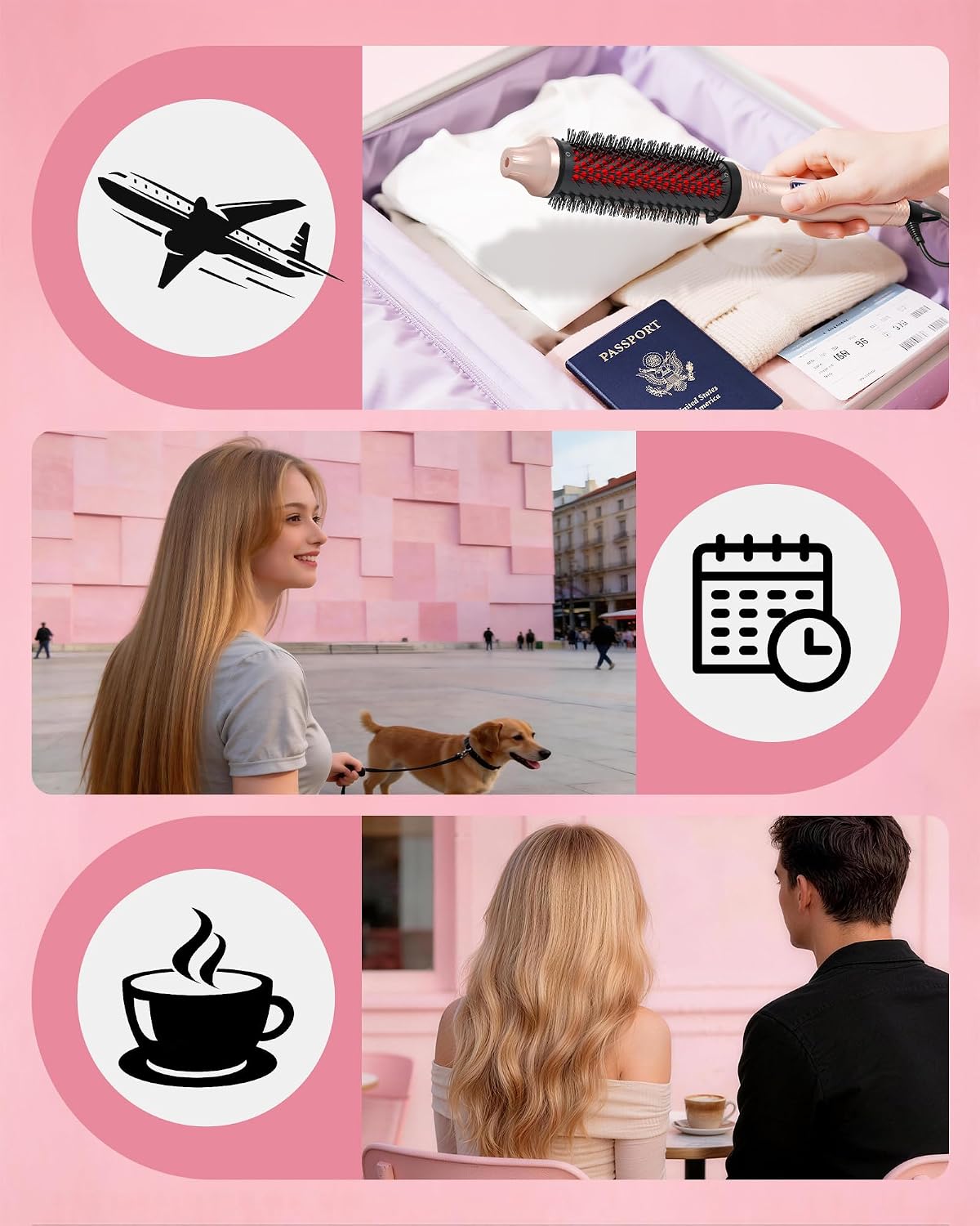 Infrared Thermal Brush 1.6 Inch Ionic Heated Thermal Round Brush Hair Straightener & Curler Styler, 6 Heat Settings, LED Display, Dual Voltage, Auto Shut-Off, Pink