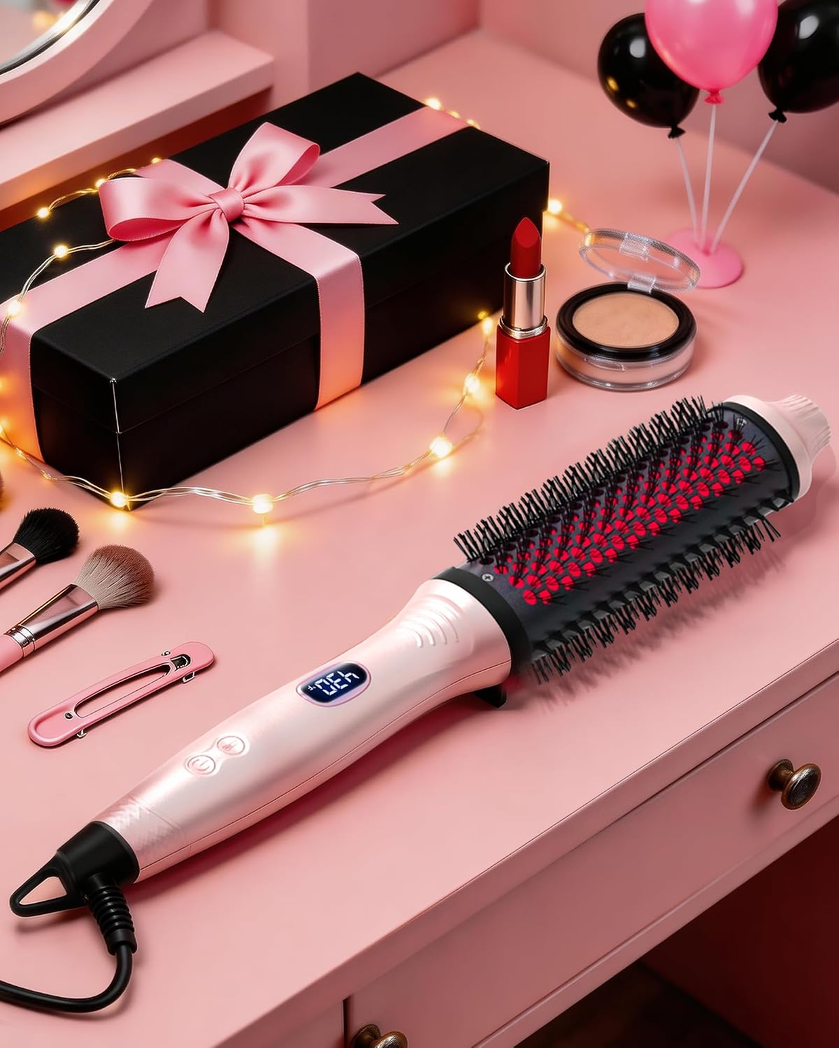 Infrared Thermal Brush 1.6 Inch Ionic Heated Thermal Round Brush Hair Straightener & Curler Styler, 6 Heat Settings, LED Display, Dual Voltage, Auto Shut-Off, Pink