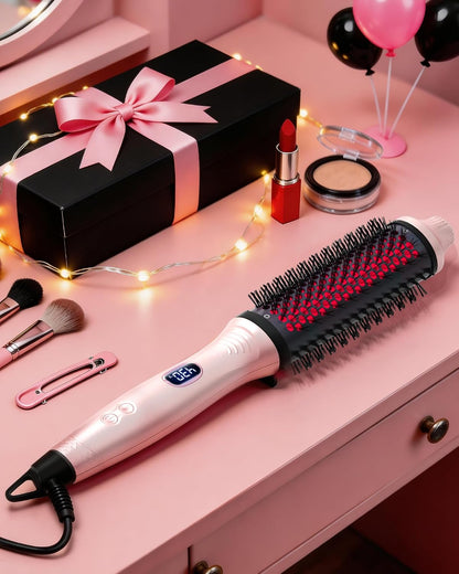 Infrared Thermal Brush 1.6 Inch Ionic Heated Thermal Round Brush Hair Straightener & Curler Styler, 6 Heat Settings, LED Display, Dual Voltage, Auto Shut-Off, Pink