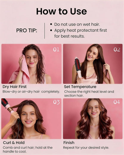 Infrared Thermal Brush 1.6 Inch Ionic Heated Thermal Round Brush Hair Straightener & Curler Styler, 6 Heat Settings, LED Display, Dual Voltage, Auto Shut-Off, Pink