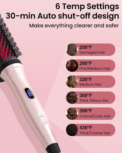 Infrared Thermal Brush 1.6 Inch Ionic Heated Thermal Round Brush Hair Straightener & Curler Styler, 6 Heat Settings, LED Display, Dual Voltage, Auto Shut-Off, Pink
