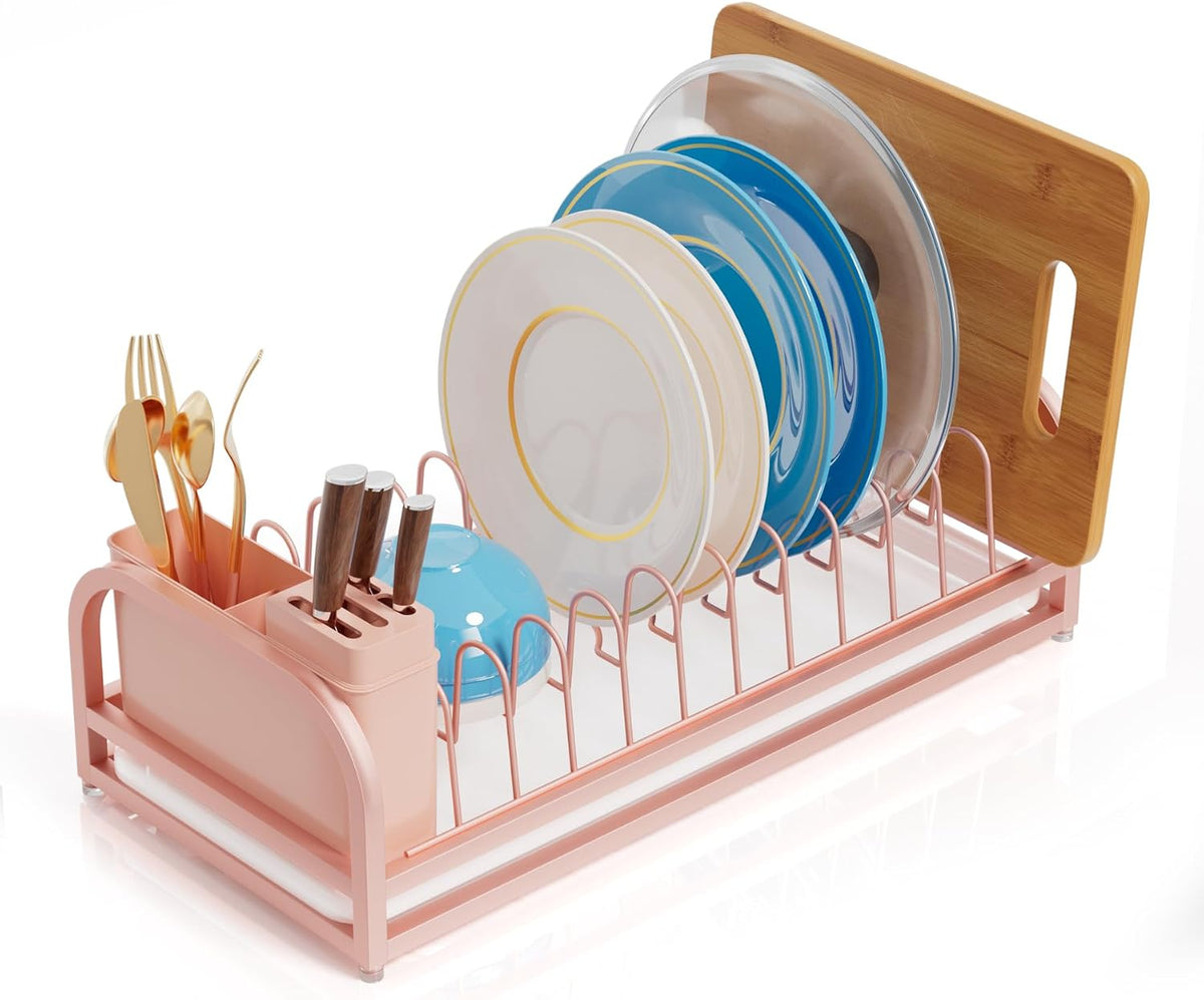 Pink Dish Rack - Small Dish Drying Rack for Limitied Kitchen Counter, Narrow Stainless Steel Dish Drainer w Tray, Cutlery Holder, Cute Kitchen Appliances Organizer for A Lovely You