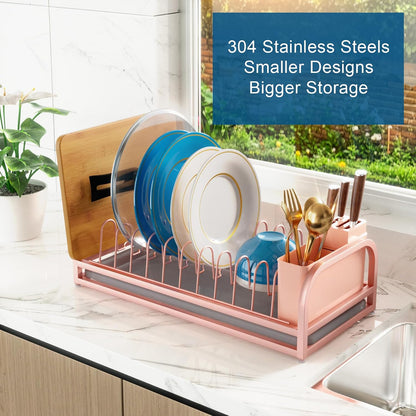 Pink Dish Rack - Small Dish Drying Rack for Limitied Kitchen Counter, Narrow Stainless Steel Dish Drainer w Tray, Cutlery Holder, Cute Kitchen Appliances Organizer for A Lovely You