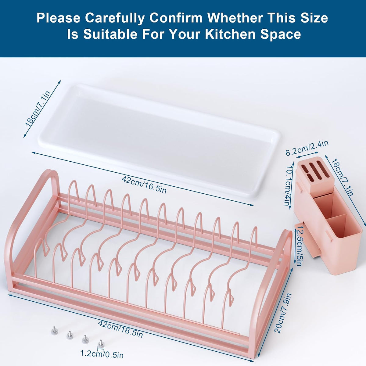 Pink Dish Rack - Small Dish Drying Rack for Limitied Kitchen Counter, Narrow Stainless Steel Dish Drainer w Tray, Cutlery Holder, Cute Kitchen Appliances Organizer for A Lovely You