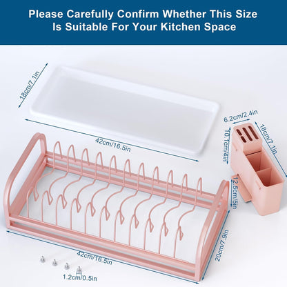 Pink Dish Rack - Small Dish Drying Rack for Limitied Kitchen Counter, Narrow Stainless Steel Dish Drainer w Tray, Cutlery Holder, Cute Kitchen Appliances Organizer for A Lovely You