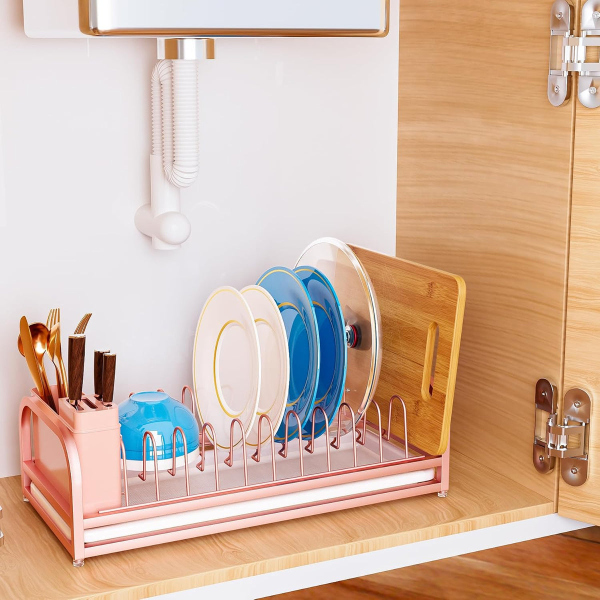 Pink Dish Rack - Small Dish Drying Rack for Limitied Kitchen Counter, Narrow Stainless Steel Dish Drainer w Tray, Cutlery Holder, Cute Kitchen Appliances Organizer for A Lovely You