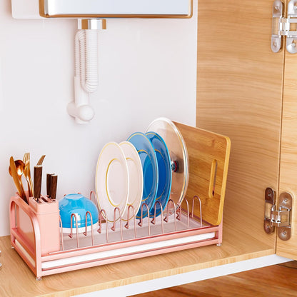 Pink Dish Rack - Small Dish Drying Rack for Limitied Kitchen Counter, Narrow Stainless Steel Dish Drainer w Tray, Cutlery Holder, Cute Kitchen Appliances Organizer for A Lovely You