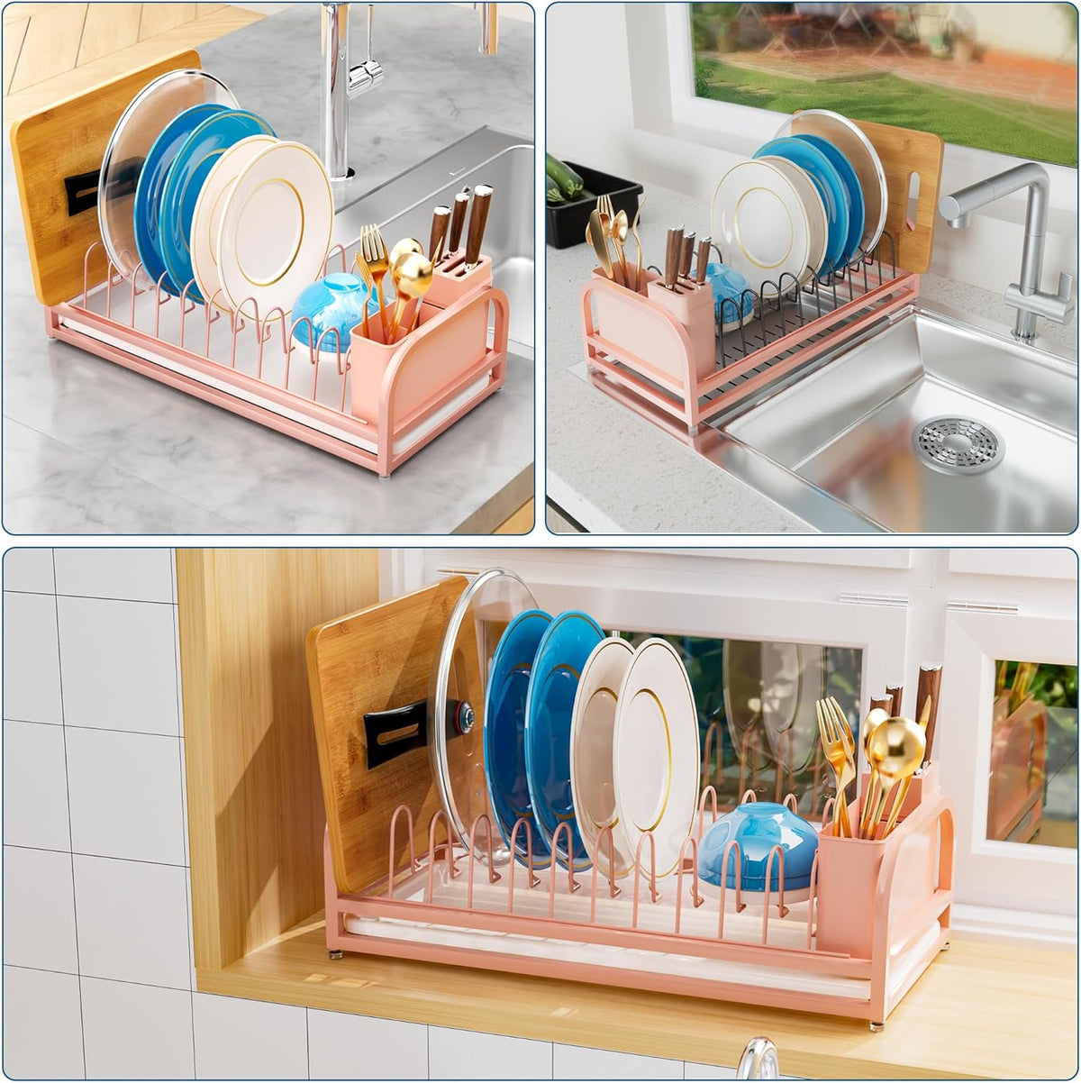 Pink Dish Rack - Small Dish Drying Rack for Limitied Kitchen Counter, Narrow Stainless Steel Dish Drainer w Tray, Cutlery Holder, Cute Kitchen Appliances Organizer for A Lovely You