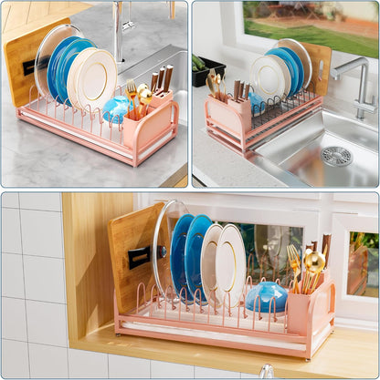 Pink Dish Rack - Small Dish Drying Rack for Limitied Kitchen Counter, Narrow Stainless Steel Dish Drainer w Tray, Cutlery Holder, Cute Kitchen Appliances Organizer for A Lovely You