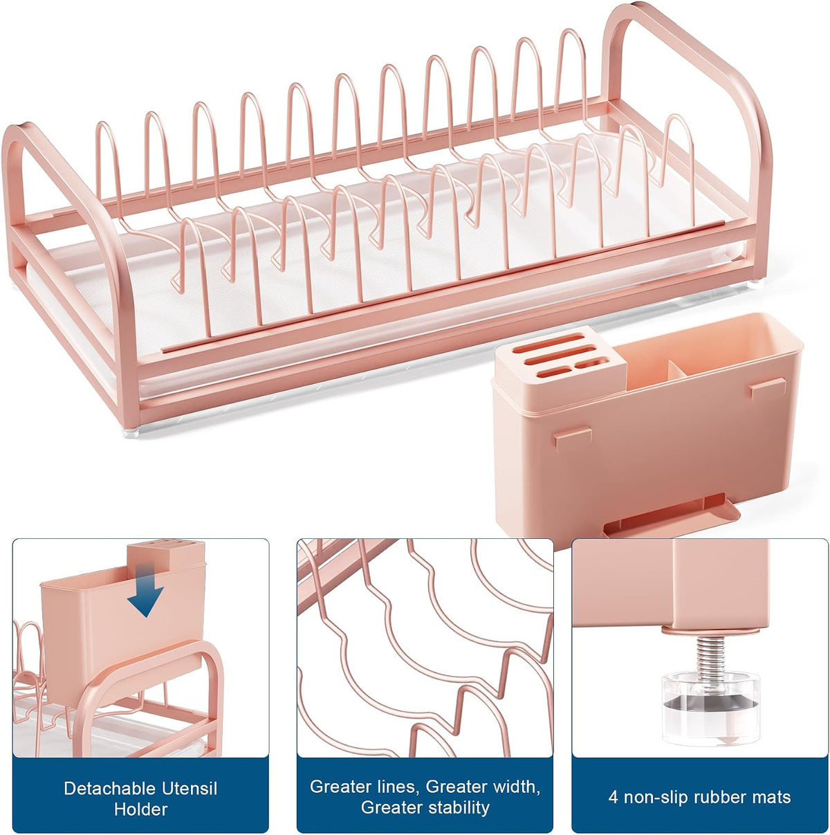 Pink Dish Rack - Small Dish Drying Rack for Limitied Kitchen Counter, Narrow Stainless Steel Dish Drainer w Tray, Cutlery Holder, Cute Kitchen Appliances Organizer for A Lovely You