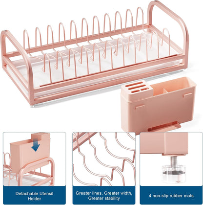 Pink Dish Rack - Small Dish Drying Rack for Limitied Kitchen Counter, Narrow Stainless Steel Dish Drainer w Tray, Cutlery Holder, Cute Kitchen Appliances Organizer for A Lovely You