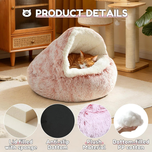 Anti-Anxiety Cat Bed, Plush Hooded Cave, 20 in Diameter, Suitable for Small to Medium Pets, Pink