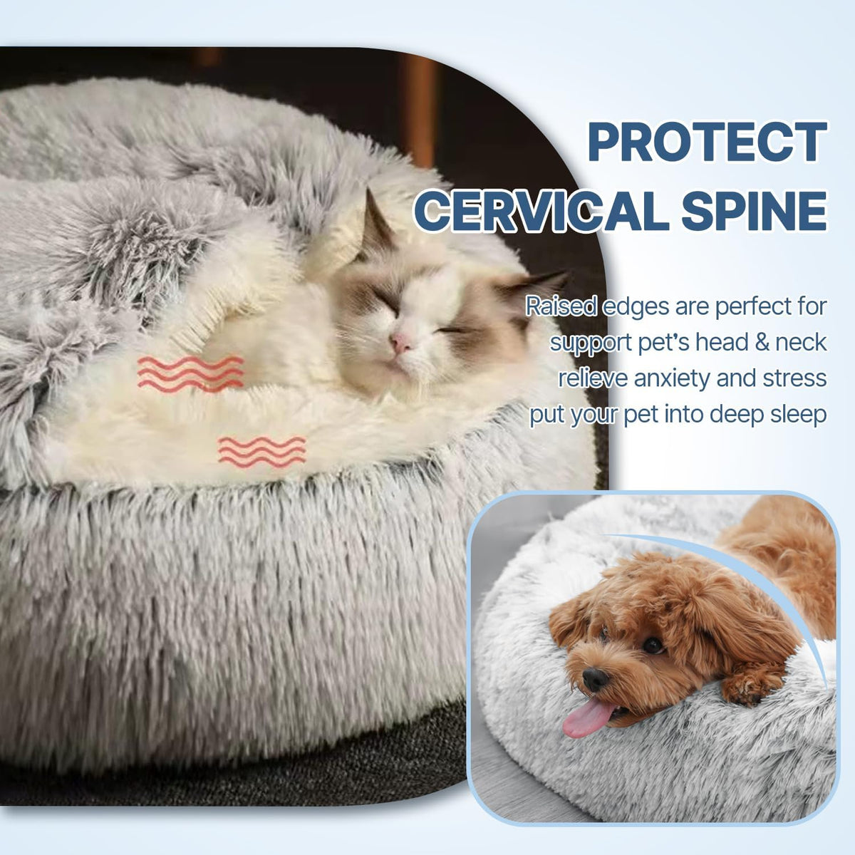 Anti-Anxiety Cat Bed, Plush Hooded Cave, 20 in Diameter, Suitable for Small to Medium Pets, Pink