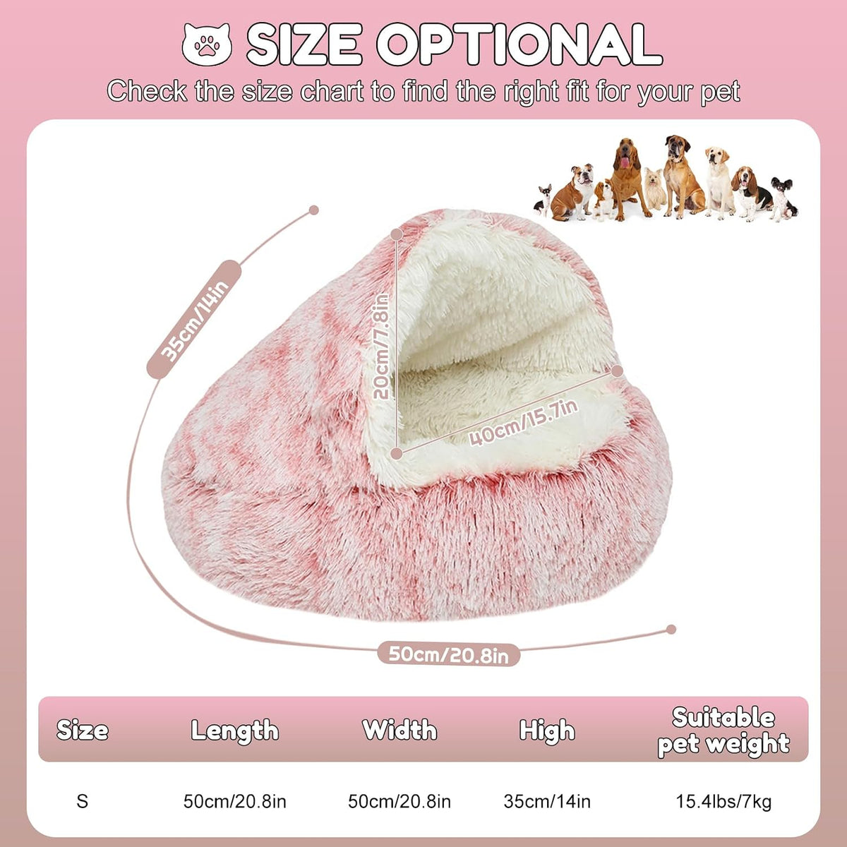 Anti-Anxiety Cat Bed, Plush Hooded Cave, 20 in Diameter, Suitable for Small to Medium Pets, Pink