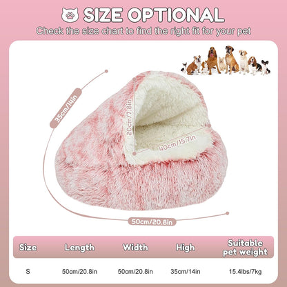 Anti-Anxiety Cat Bed, Plush Hooded Cave, 20 in Diameter, Suitable for Small to Medium Pets, Pink