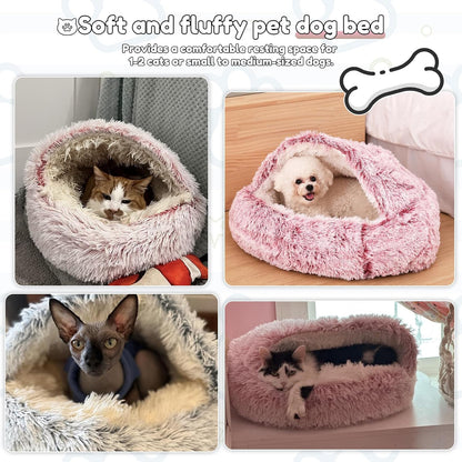 Anti-Anxiety Cat Bed, Plush Hooded Cave, 20 in Diameter, Suitable for Small to Medium Pets, Pink