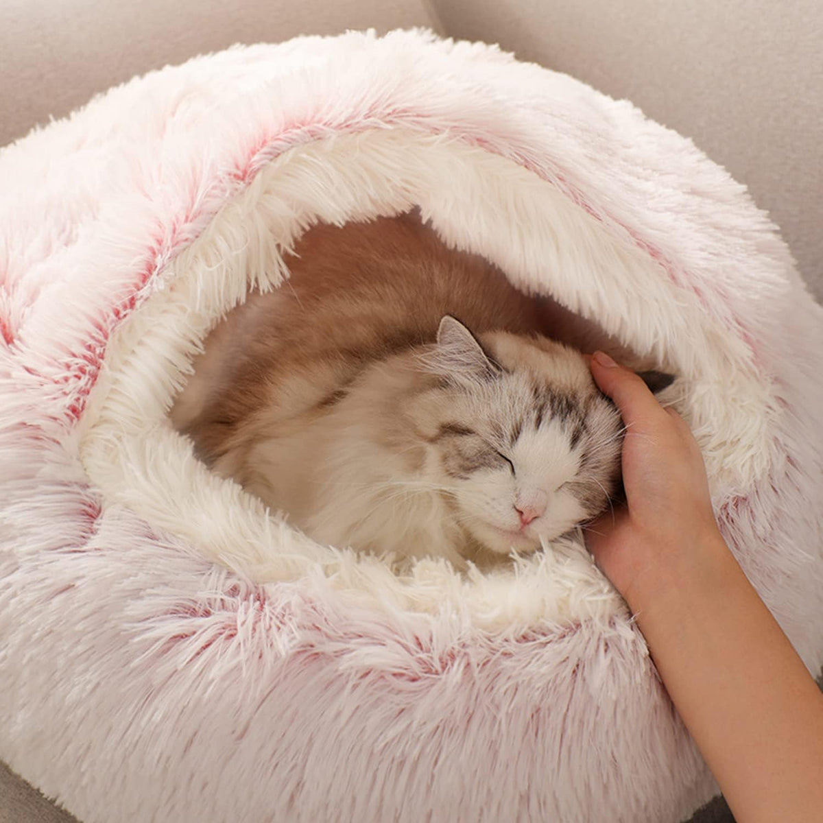 Anti-Anxiety Cat Bed, Plush Hooded Cave, 20 in Diameter, Suitable for Small to Medium Pets, Pink