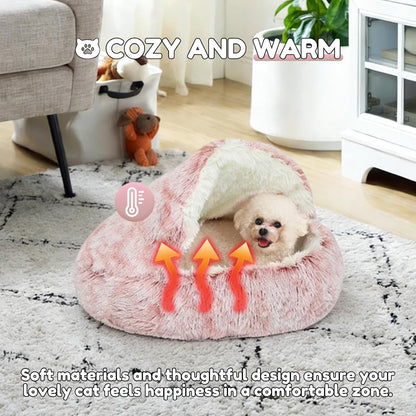 Anti-Anxiety Cat Bed, Plush Hooded Cave, 20 in Diameter, Suitable for Small to Medium Pets, Pink