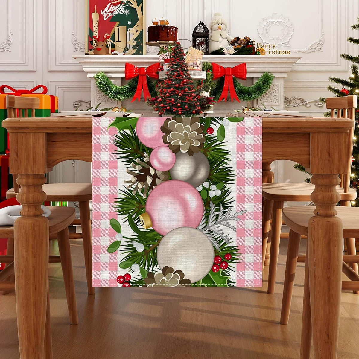 Pink Christmas Table Runner, Xmas Holiday Decorations for Home