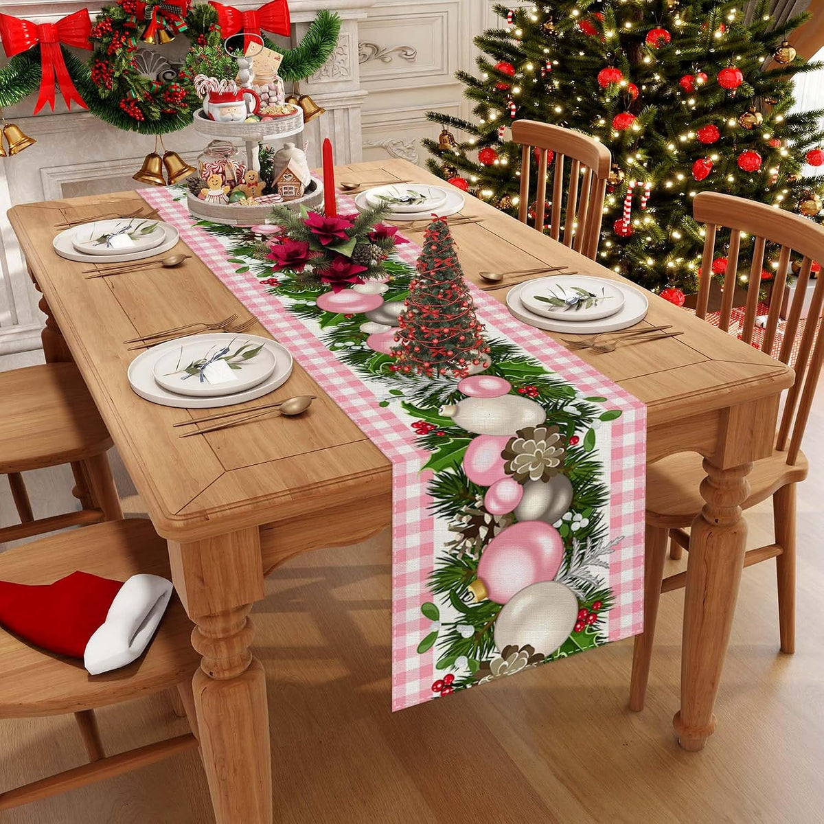Pink Christmas Table Runner, Xmas Holiday Decorations for Home