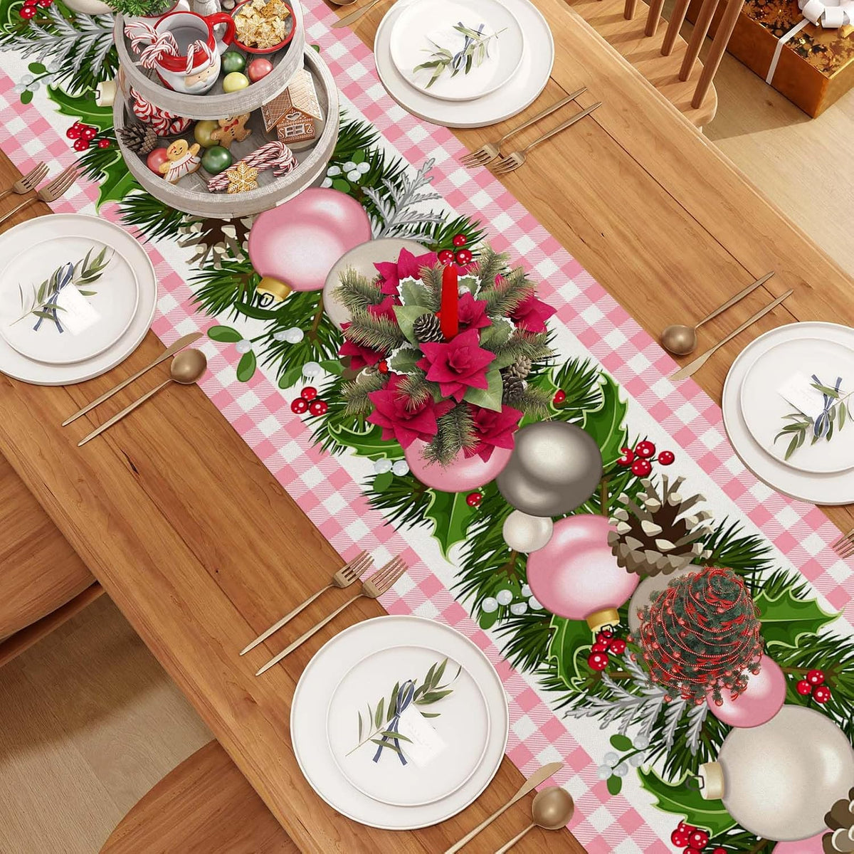 Pink Christmas Table Runner, Xmas Holiday Decorations for Home