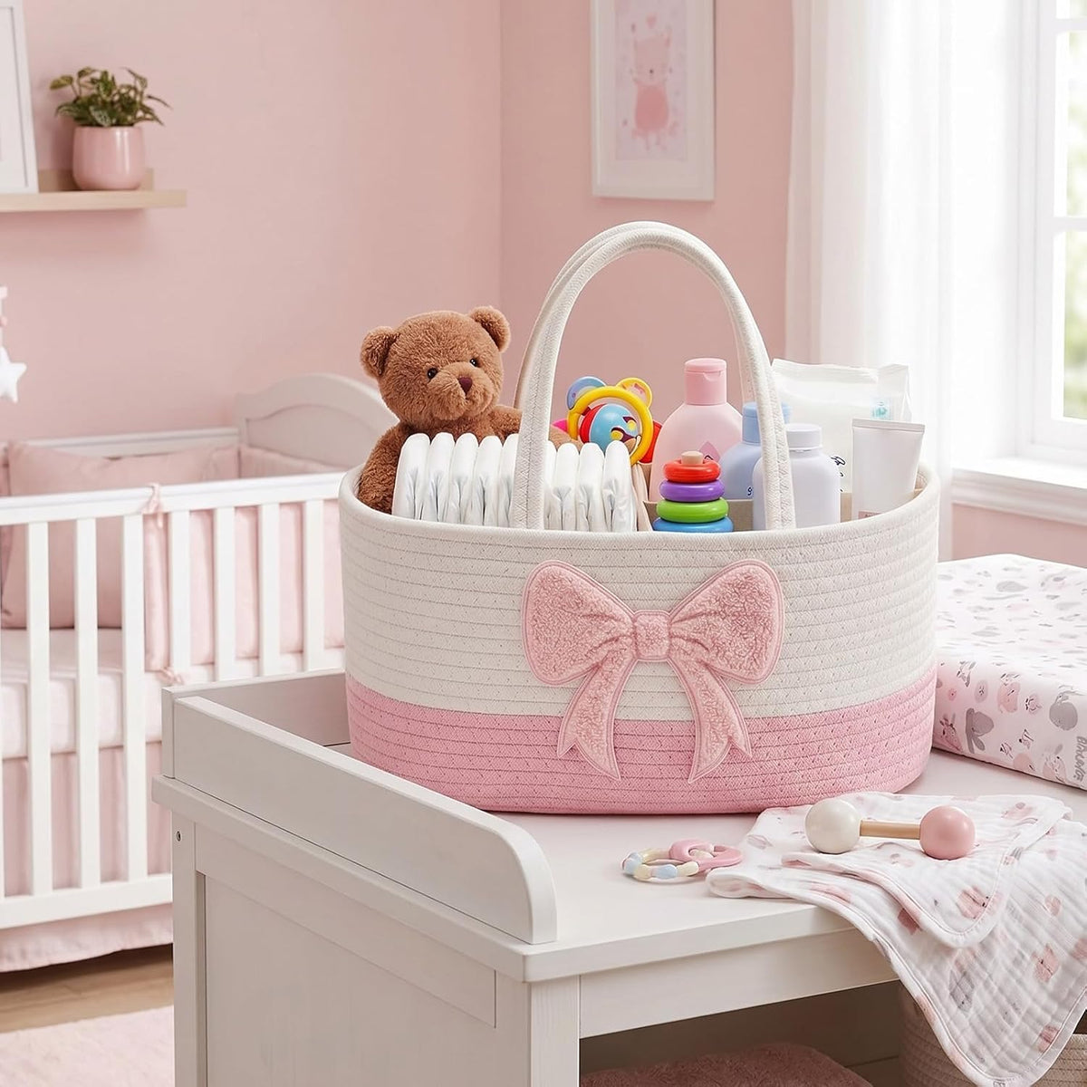 Diaper Caddy Organizer Pink Bow Empty Gift Basket