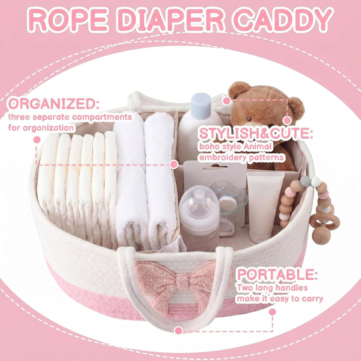 Diaper Caddy Organizer Pink Bow Empty Gift Basket