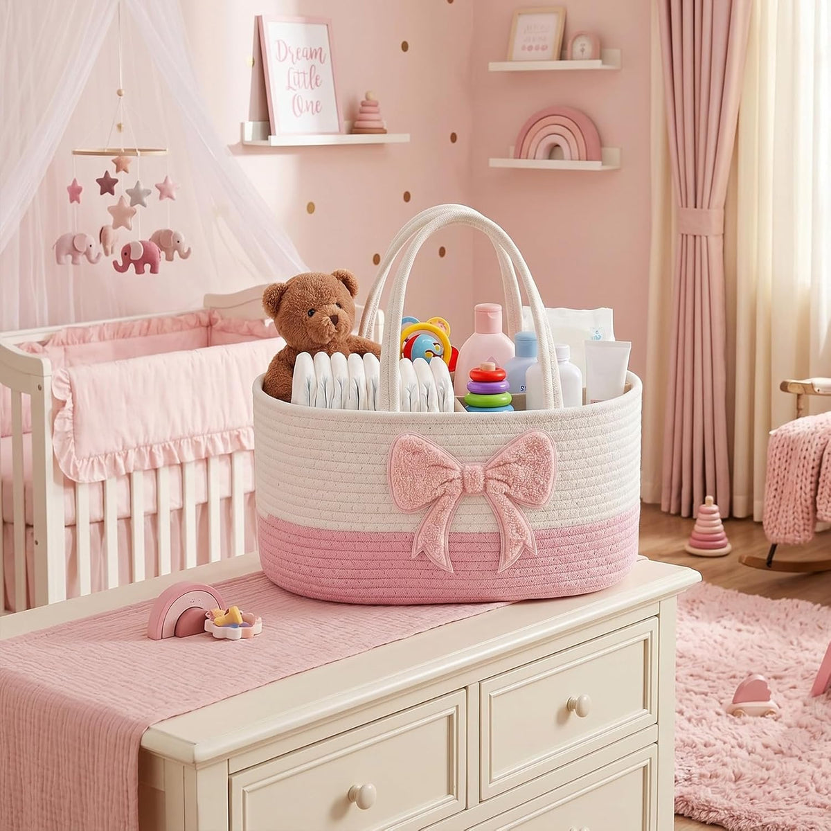 Diaper Caddy Organizer Pink Bow Empty Gift Basket