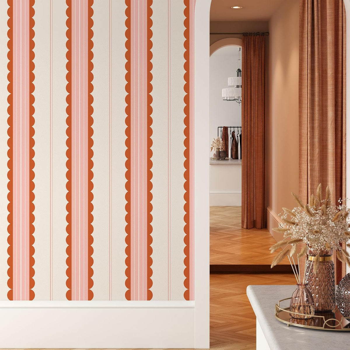 Scallop Peel and Stick Wallpaper Red/Pink Striped Contact Paper