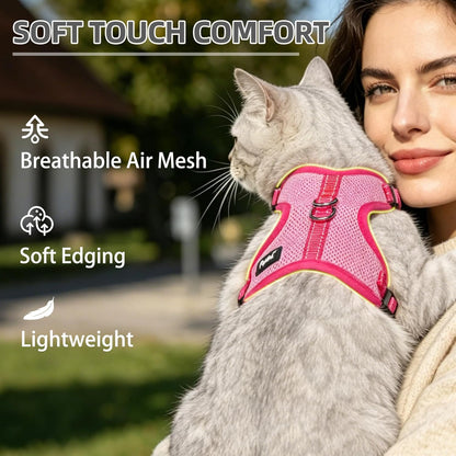 Cat Harness and Leash Set Escape Proof, Reflective Adjustable Soft Mesh Pet Vest Harness for Walking Travel, Pink S