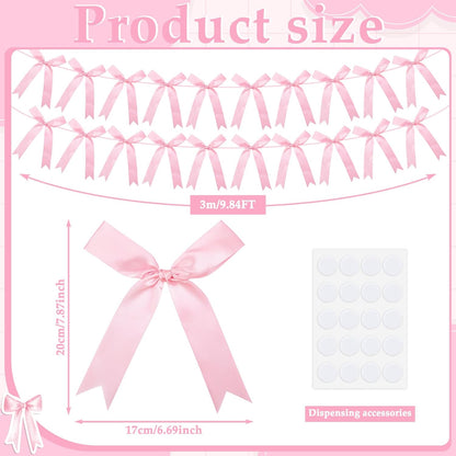 2 Pcs Pink Bow Garland Banner, Pre-Strung Pink Satin Ribbon Bow Garland Coquette Birthday Decorations for Classroom Decor Wedding Birthday Baby Shower