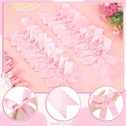 2 Pcs Pink Bow Garland Banner, Pre-Strung Pink Satin Ribbon Bow Garland Coquette Birthday Decorations for Classroom Decor Wedding Birthday Baby Shower