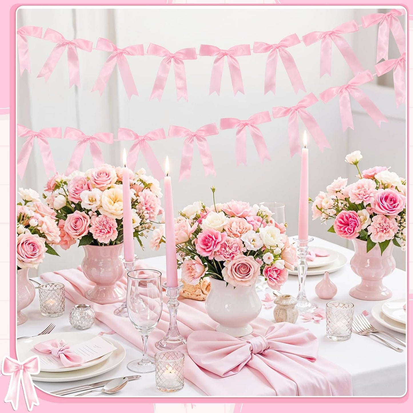 2 Pcs Pink Bow Garland Banner, Pre-Strung Pink Satin Ribbon Bow Garland Coquette Birthday Decorations for Classroom Decor Wedding Birthday Baby Shower