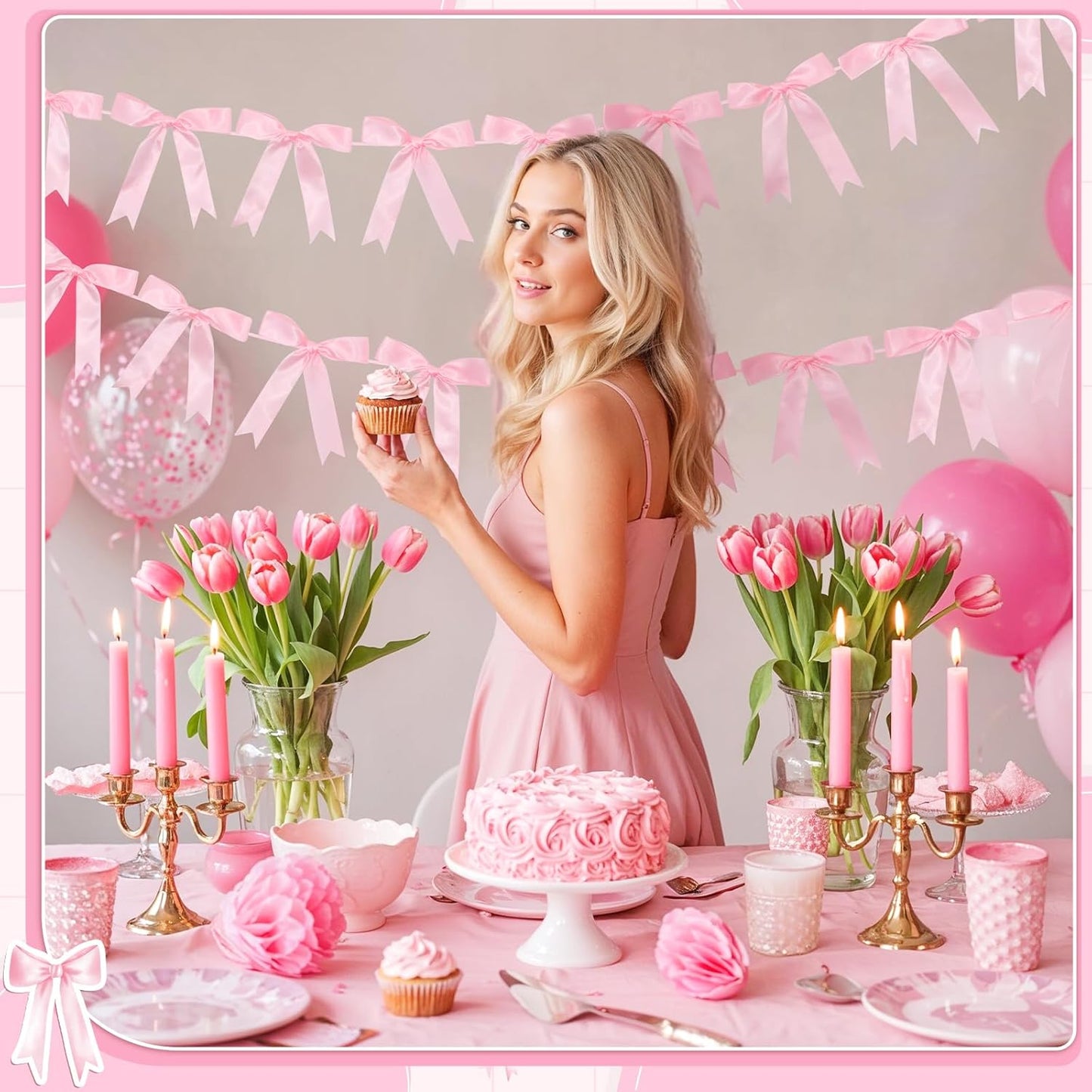 2 Pcs Pink Bow Garland Banner, Pre-Strung Pink Satin Ribbon Bow Garland Coquette Birthday Decorations for Classroom Decor Wedding Birthday Baby Shower