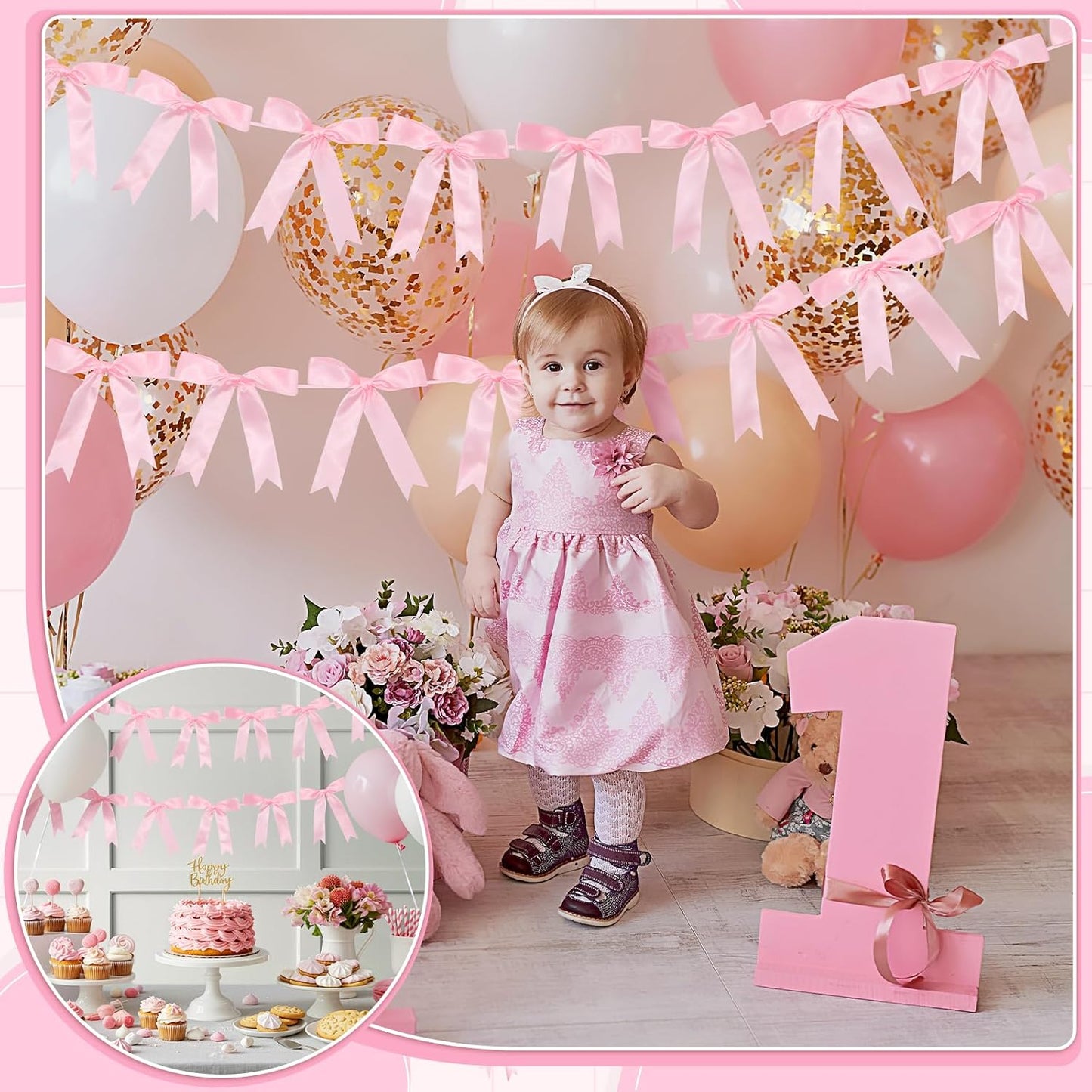 2 Pcs Pink Bow Garland Banner, Pre-Strung Pink Satin Ribbon Bow Garland Coquette Birthday Decorations for Classroom Decor Wedding Birthday Baby Shower