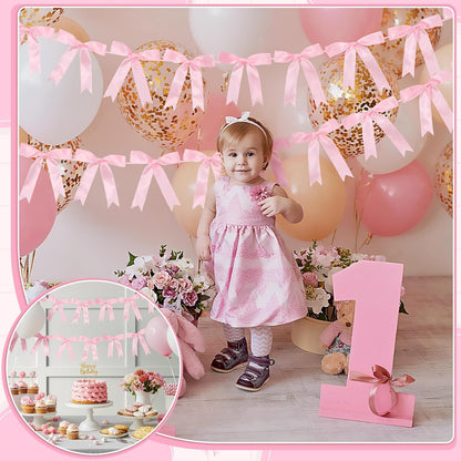 2 Pcs Pink Bow Garland Banner, Pre-Strung Pink Satin Ribbon Bow Garland Coquette Birthday Decorations for Classroom Decor Wedding Birthday Baby Shower
