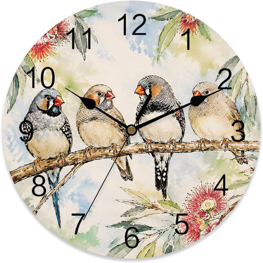 Silent PVC Wall Clock 14x14 Inches Round Wall Clock, Animal Bird Hanging Clock for Kitchen Non Ticking Battery Operated Living Room Mute Clock, Farmhouse Floral Flower Sage Green Coral Pink