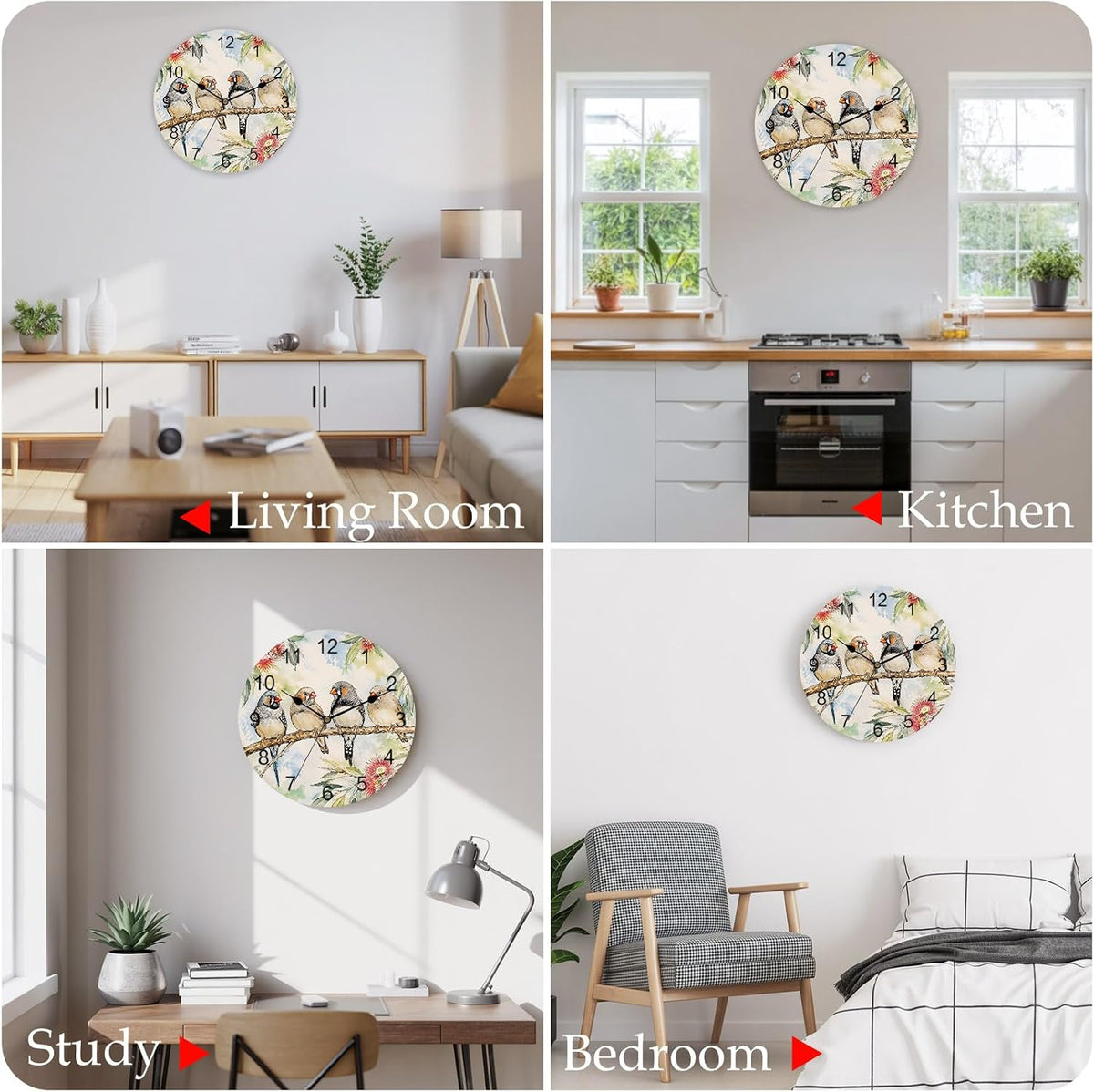 Silent PVC Wall Clock 14x14 Inches Round Wall Clock, Animal Bird Hanging Clock for Kitchen Non Ticking Battery Operated Living Room Mute Clock, Farmhouse Floral Flower Sage Green Coral Pink