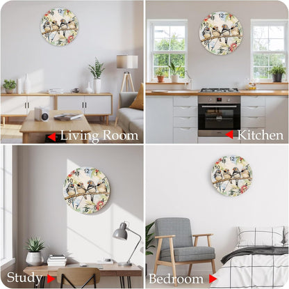 Silent PVC Wall Clock 14x14 Inches Round Wall Clock, Animal Bird Hanging Clock for Kitchen Non Ticking Battery Operated Living Room Mute Clock, Farmhouse Floral Flower Sage Green Coral Pink