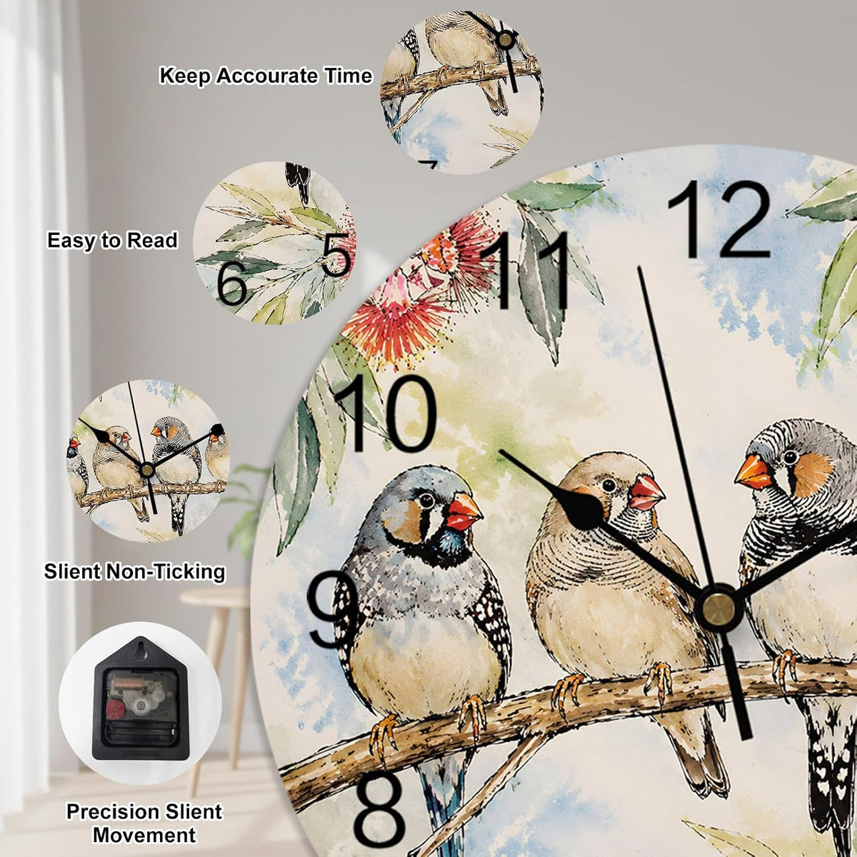Silent PVC Wall Clock 14x14 Inches Round Wall Clock, Animal Bird Hanging Clock for Kitchen Non Ticking Battery Operated Living Room Mute Clock, Farmhouse Floral Flower Sage Green Coral Pink