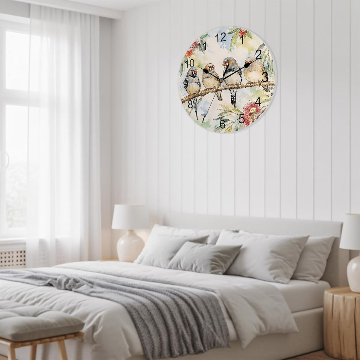 Silent PVC Wall Clock 14x14 Inches Round Wall Clock, Animal Bird Hanging Clock for Kitchen Non Ticking Battery Operated Living Room Mute Clock, Farmhouse Floral Flower Sage Green Coral Pink