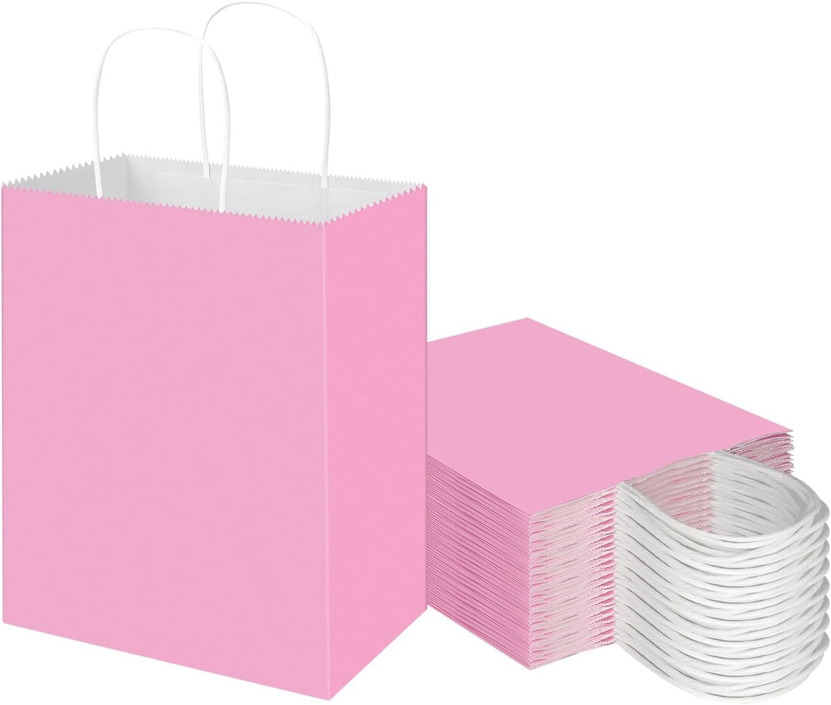 50 Pack 8x4.75x10 Inch Medium Light Pink Kraft Paper Bags with Handles Bulk, Gift Bags for Birthday Party Favors Retail Grocery Shopping Business Goody Craft Merchandise Take Out Sacks