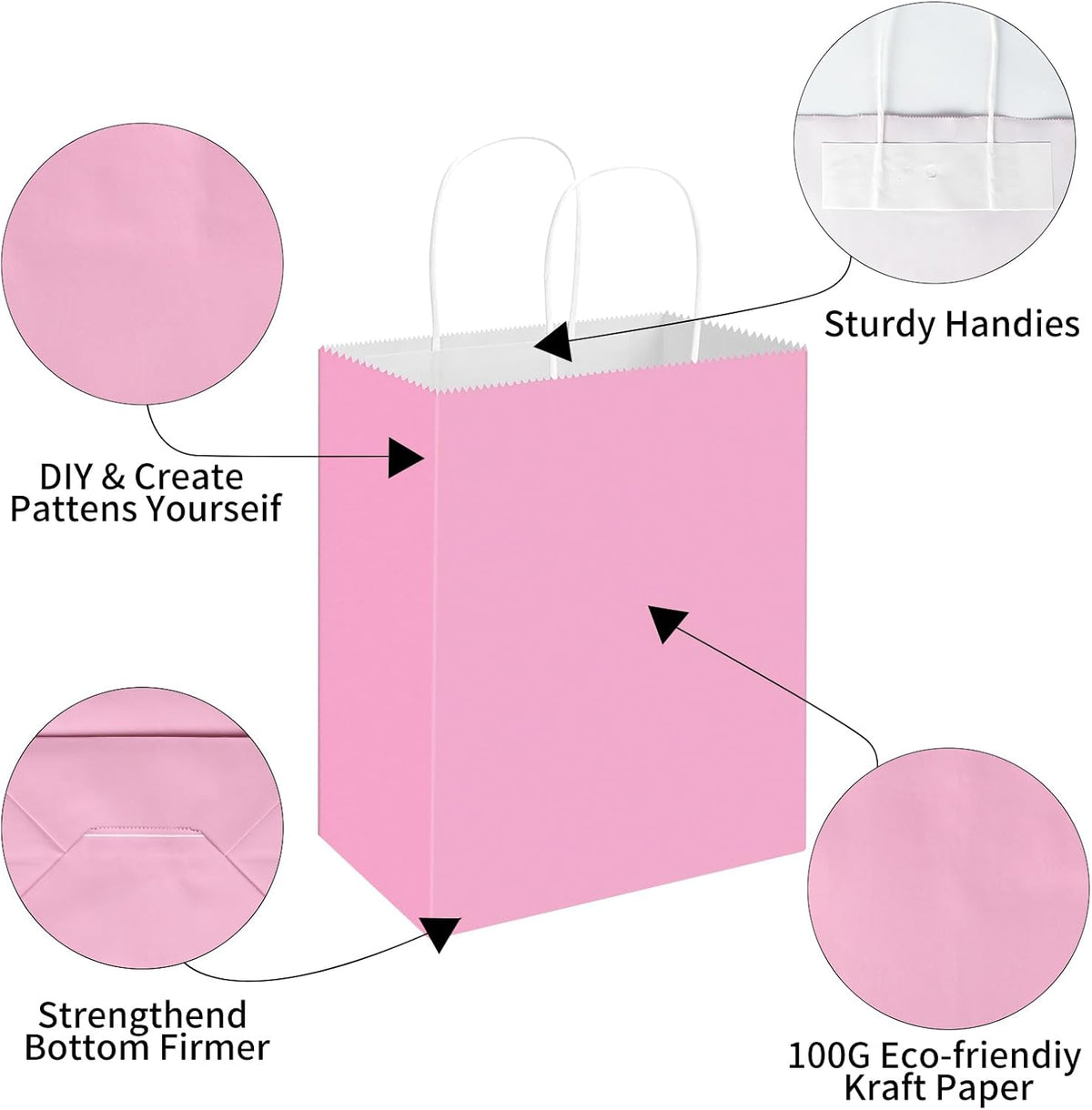 50 Pack 8x4.75x10 Inch Medium Light Pink Kraft Paper Bags with Handles Bulk, Gift Bags for Birthday Party Favors Retail Grocery Shopping Business Goody Craft Merchandise Take Out Sacks