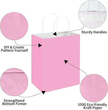50 Pack 8x4.75x10 Inch Medium Light Pink Kraft Paper Bags with Handles Bulk, Gift Bags for Birthday Party Favors Retail Grocery Shopping Business Goody Craft Merchandise Take Out Sacks
