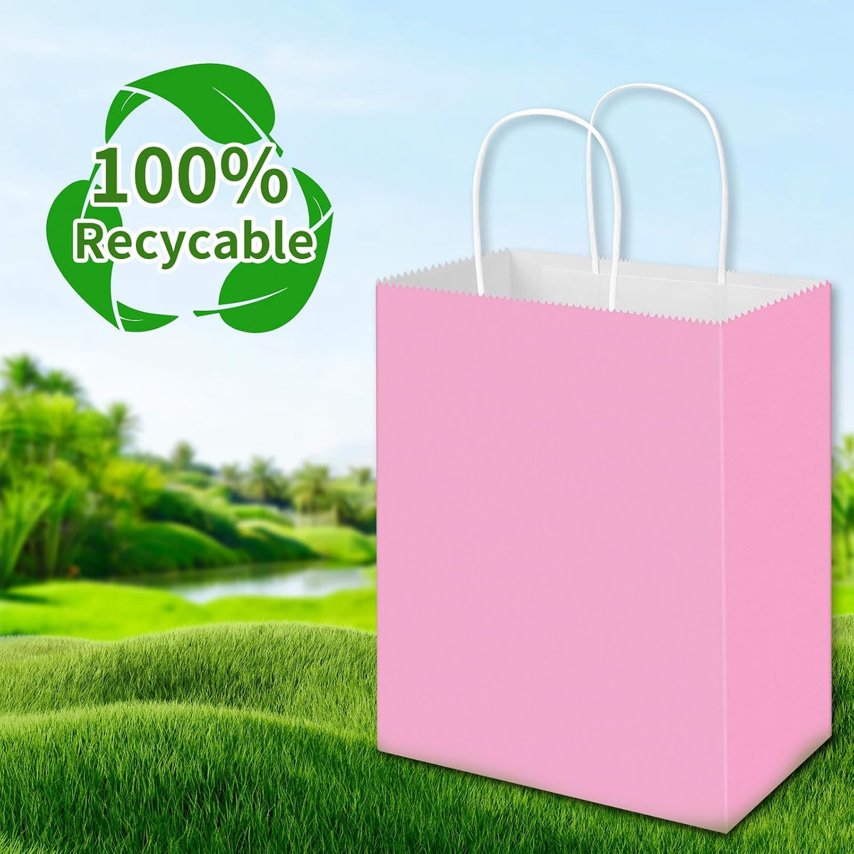 50 Pack 8x4.75x10 Inch Medium Light Pink Kraft Paper Bags with Handles Bulk, Gift Bags for Birthday Party Favors Retail Grocery Shopping Business Goody Craft Merchandise Take Out Sacks