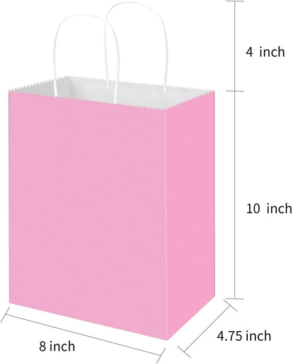 50 Pack 8x4.75x10 Inch Medium Light Pink Kraft Paper Bags with Handles Bulk, Gift Bags for Birthday Party Favors Retail Grocery Shopping Business Goody Craft Merchandise Take Out Sacks