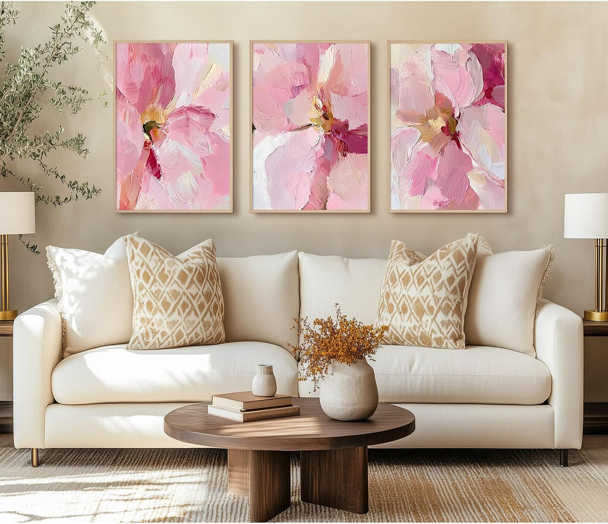 Abstract Floral Wall Art Pink Flower Canvas Pictures Modern Wall Decor Blush Pastel Pink Prints Peony Painting Minimalist Poster Botanical Artwork for Bedroom Living Room 12x16 Inch Unframed set of 3