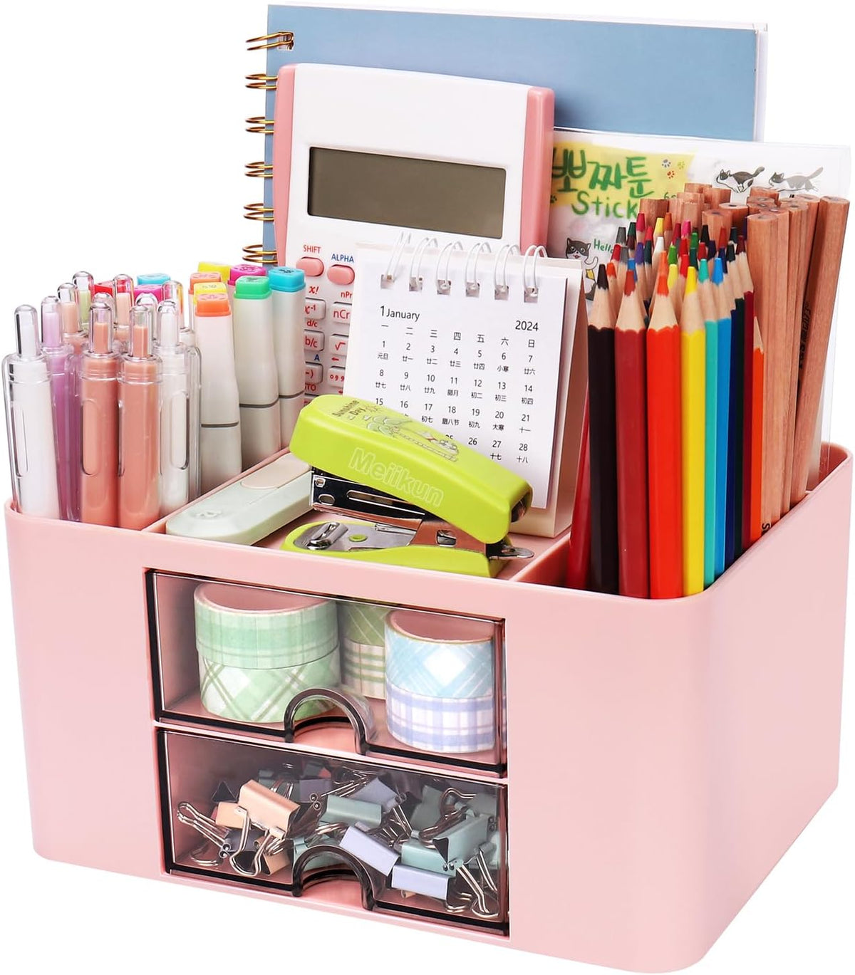 Plastic Pen Organizer, Multifunctional Desk Organizer with 2 Drawers, 4 Compartments & a Top Tray, Pencil Holder Desktop Organizers and Accessories for Office, 7.7" x 5.5" x 3.9" (Pink)