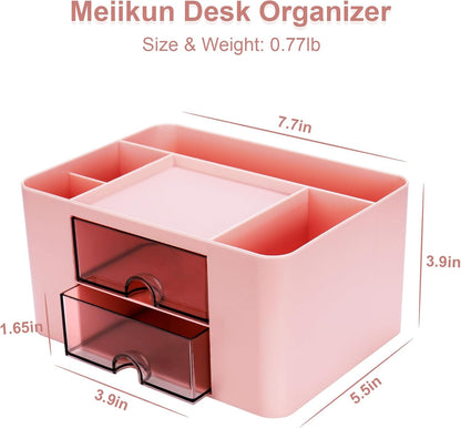 Plastic Pen Organizer, Multifunctional Desk Organizer with 2 Drawers, 4 Compartments & a Top Tray, Pencil Holder Desktop Organizers and Accessories for Office, 7.7" x 5.5" x 3.9" (Pink)